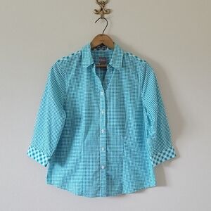 Chico's Teal Gingham Check Wrinkle Resistant Button Down Shirt Size Medium